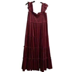 Crown & Ivy 2X Women's Plus Size Velvet Smocked Dress Tiered Ruffles Red NEW